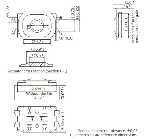 Plan mécanique - Panasonic Electronic Components Commutateurs tactiles 2,6 mm × 1,6 mm EVP-BB